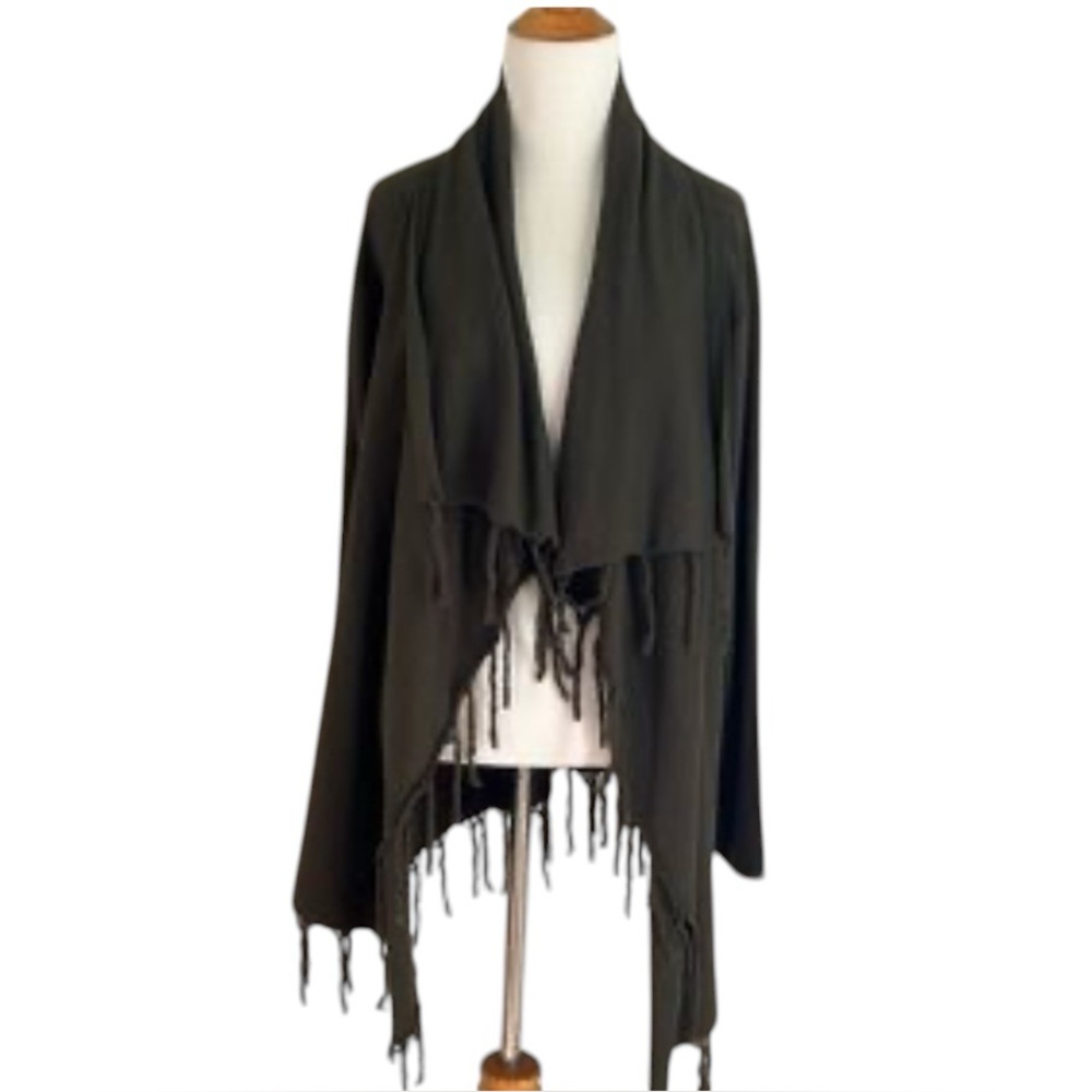 Reba Women's Olive Green Fringe Ooen Cardigan Sweater Medium